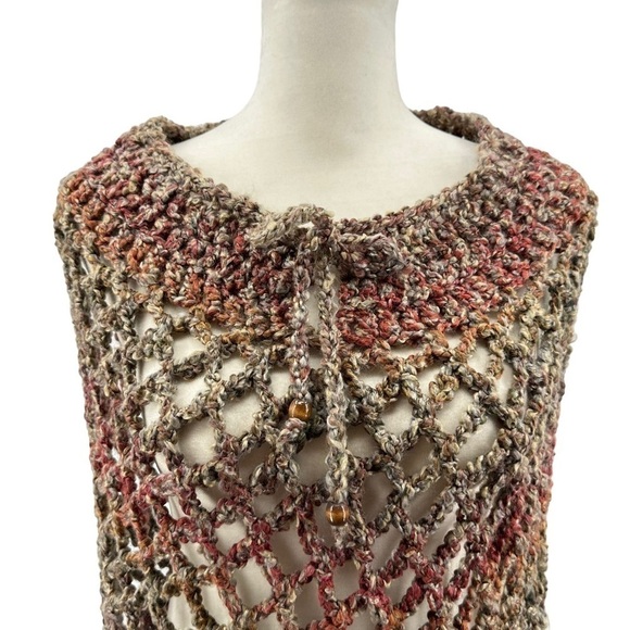 Handmade Fringed Open Weave Knitted Poncho Small/Medium - Picture 3 of 3